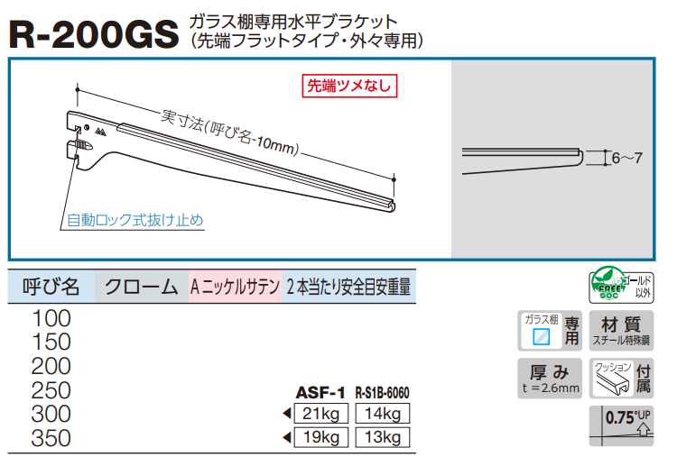 ロイヤル(AAシリーズ)] R-200GS ガラス棚専用水平ブラケット(先端