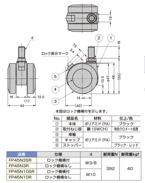 スガツネ工業/LAMP] キャスター FP45N型 ねじ込みタイプ ※ネジ径：W3/8