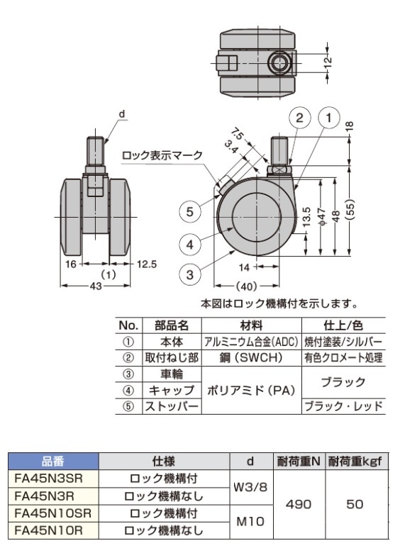 スガツネ工業/LAMP] キャスター FA45N型 ねじ込みタイプ ※ネジ径：W3/8