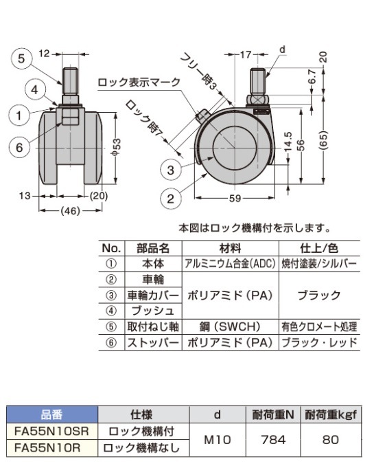 Dona様確認用 スガツネ工業/LAMP] キャスター FA55N型 ねじ込みタイプ ※ネジ径：M10