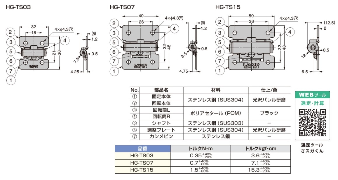 スガツネ工業/LAMP] トルクヒンジ HG-TS型