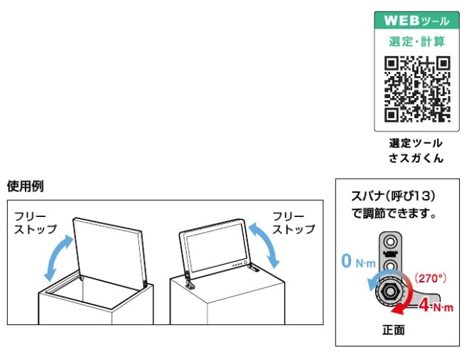 スガツネ工業/LAMP] 調整式オールステンレス トルクヒンジ HG-TBSJ40型