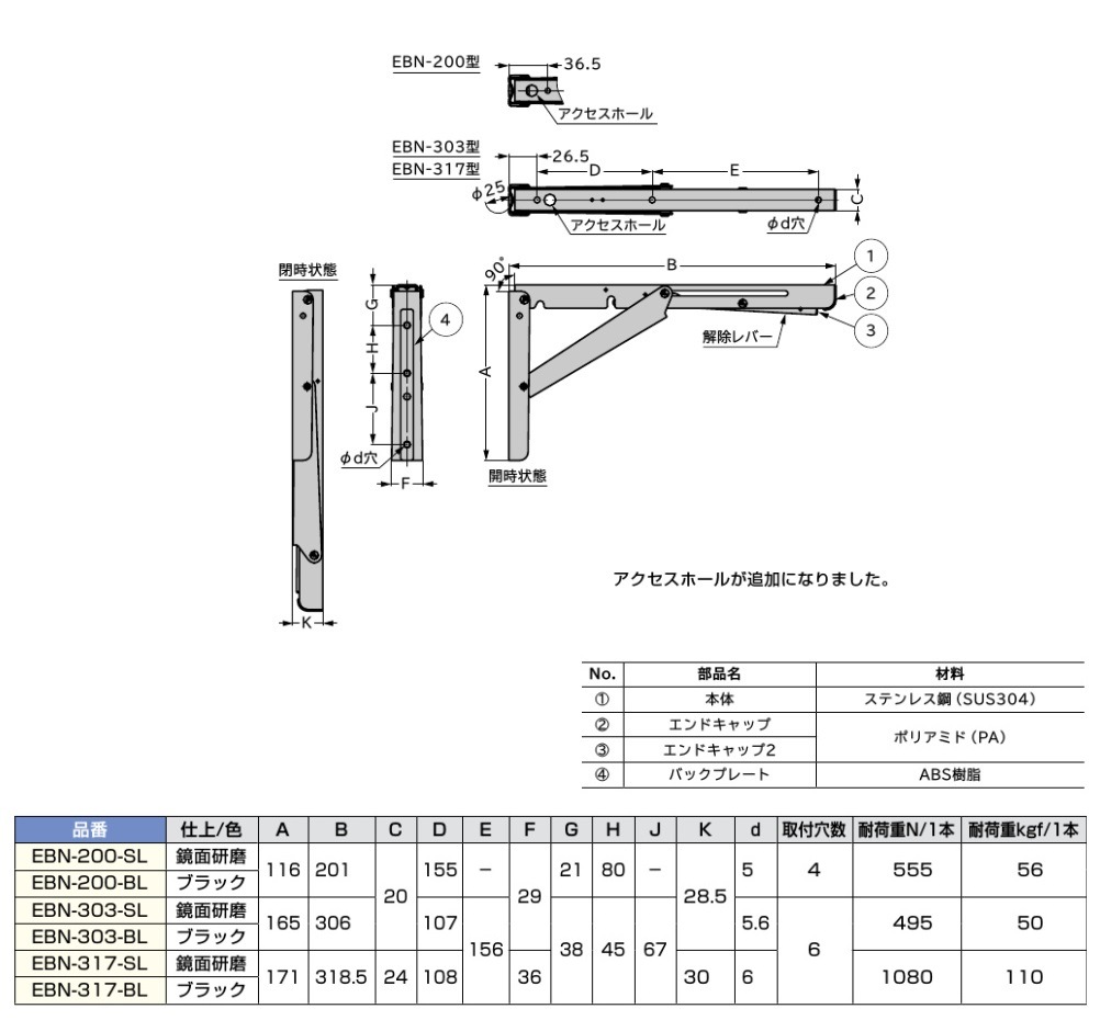 スガツネ工業/LAMP] ステンレス 折りたたみ棚受 EBN型 重量用