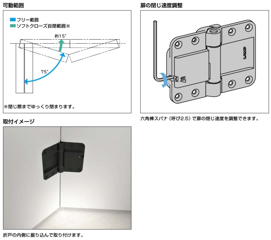 〇取寄品 [スガツネ工業] 折戸用ソフトクローズヒンジ HG-JC70