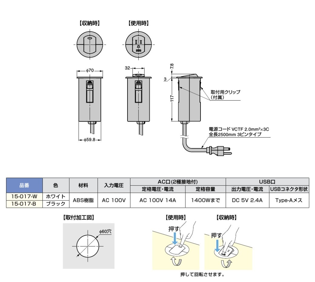 〇取寄品 [スガツネ工業] 埋込式USB・ACコンセント 15-017型 回転収納