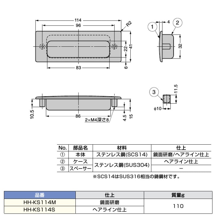 〇取寄品 [スガツネ工業] ステンレス鋼製 埋込取手 HH-KS114型