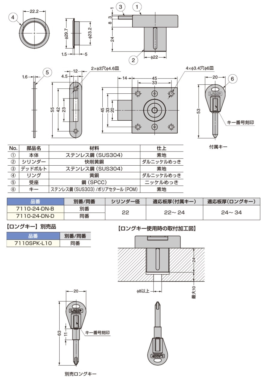〇取寄品 [スガツネ工業] 面付シリンダー錠 棒状キータイプ 7110型