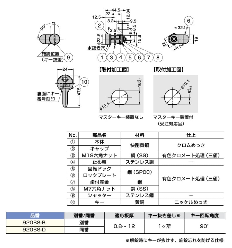 〇取寄品 [スガツネ工業] シリンダー錠 920BS型 鍵穴シャッター付