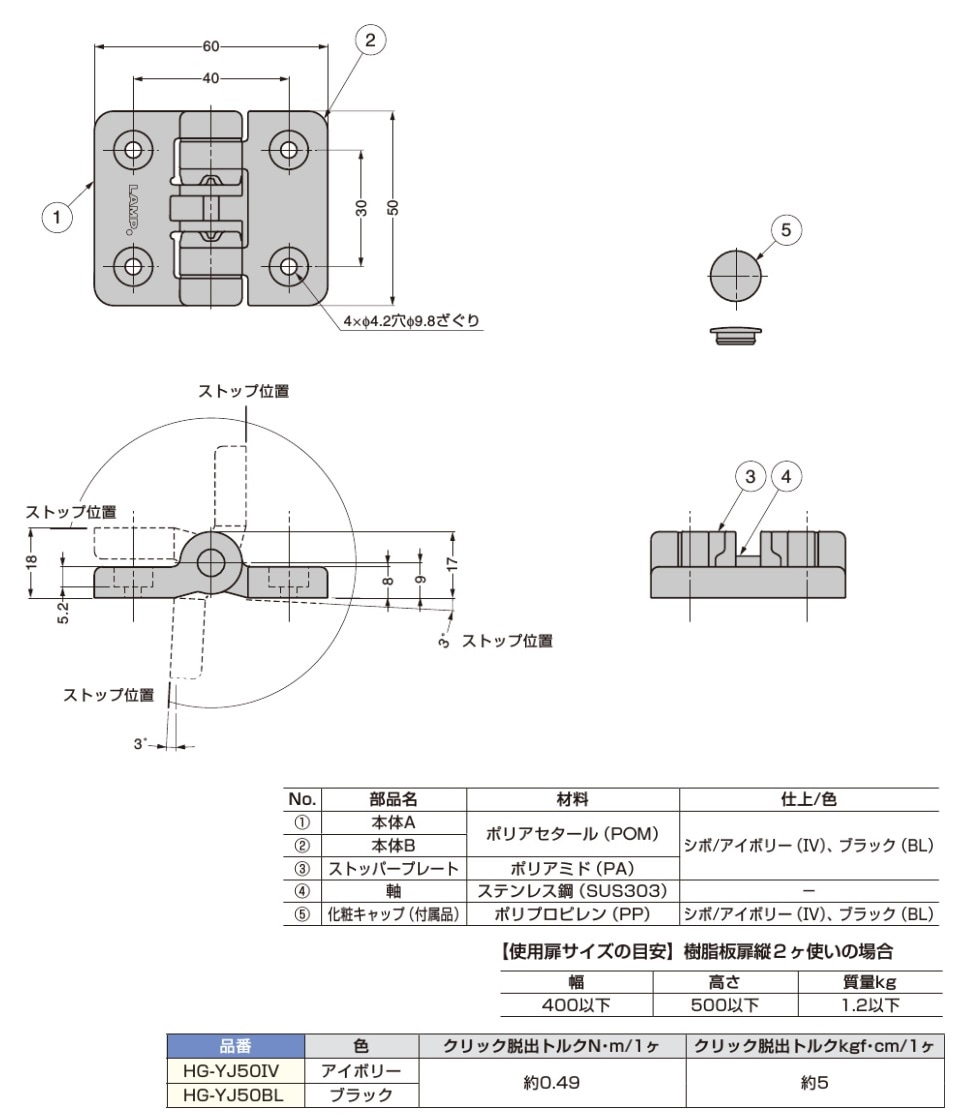 〇取寄品 [スガツネ工業] 樹脂製ストッパーヒンジ HG-YJ50型