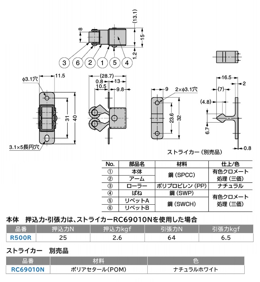 スガツネ工業/LAMP] ローラーキャッチ R500R 埋込タイプ