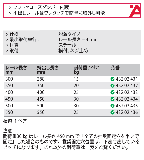 ハーフェレ] ボールベアリングレール FA15.30 3段引 （ソフトクローズ