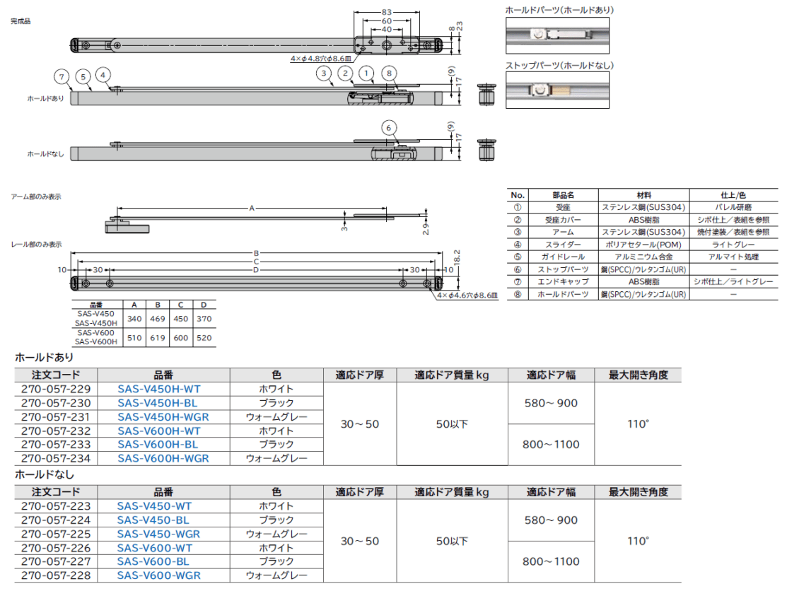 スガツネ工業/LAMP] 隠しアームストッパー SAS-V型 簡単角度調整タイプ