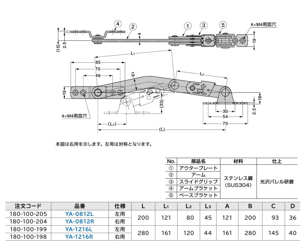 スガツネ工業/LAMP] ステンレス ロック付重量用ステー YA-0812型、YA