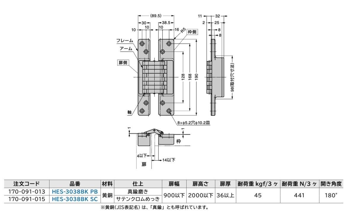 スガツネ工業/LAMP] 建築ドア用隠し丁番 HES-3038BK型