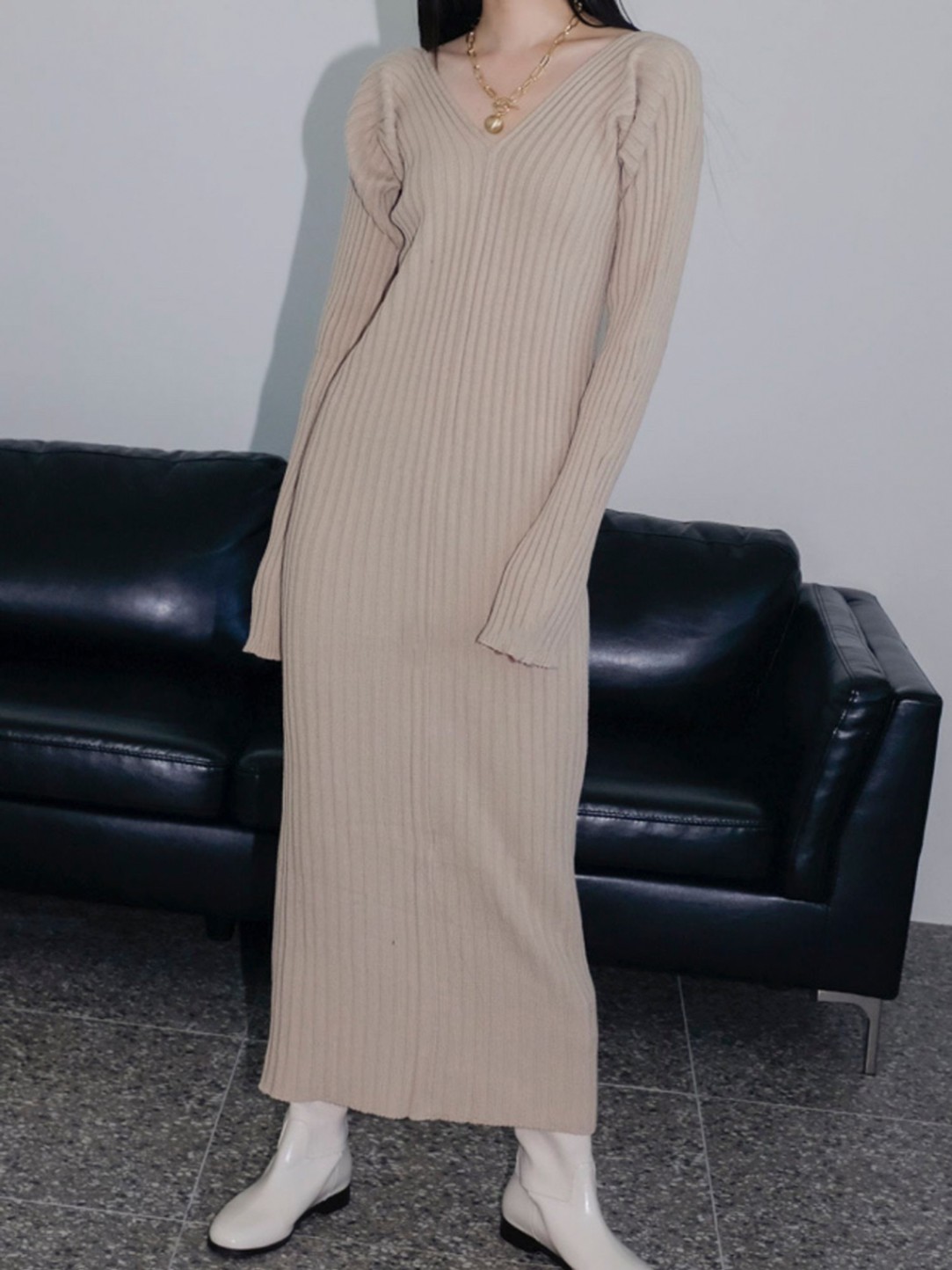 V-neck Rib Knit Dress / 2colors