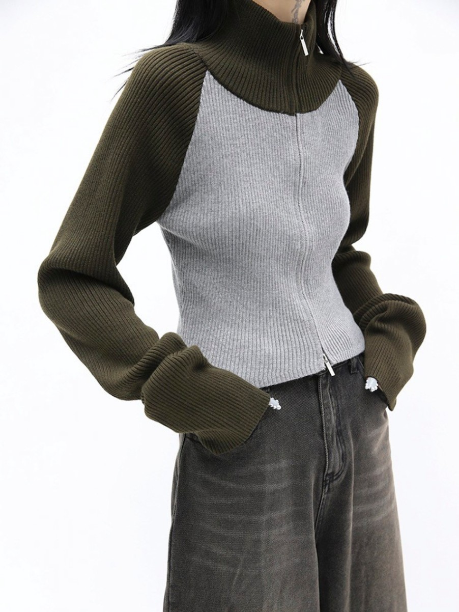 Cropped Rib Knit Zipup / 2colors
