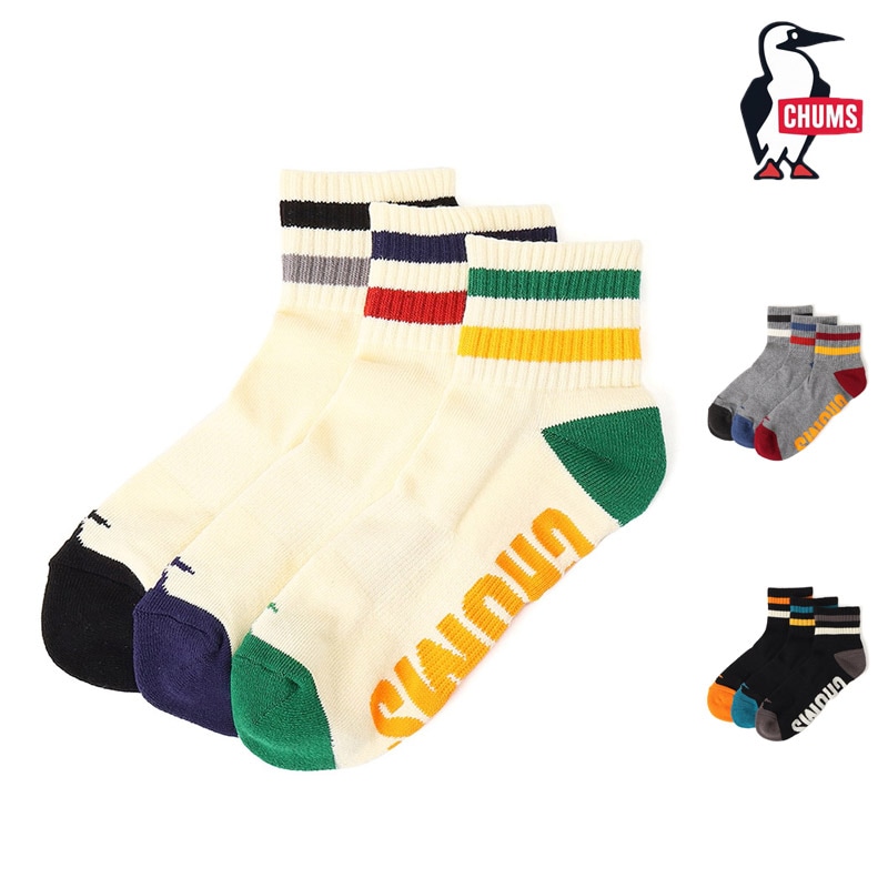 チャムス CHUMS CH06-1128 3P ライン クルー ソックス 3P LINE CREW SOCKS メンズ レディース 男女兼用 靴下 ソックス アウトドア キャンプ 普段使い スポーツ 3足セット アンクル丈 ショート丈 ラインソックス 抗菌 防臭 26-27 秋冬 新作