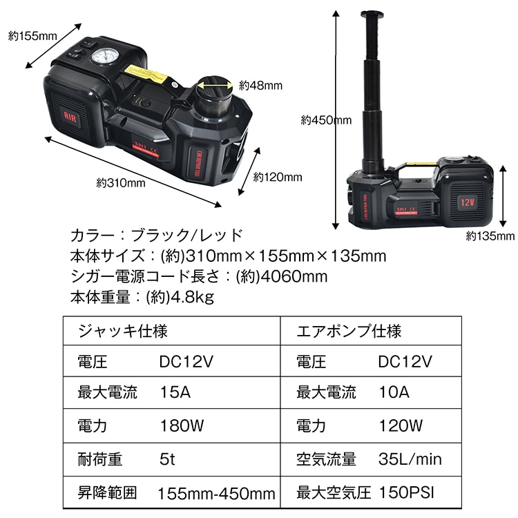 電動ジャッキ 油圧ジャッキ LED カージャッキ エアーポンプ タイヤ交換