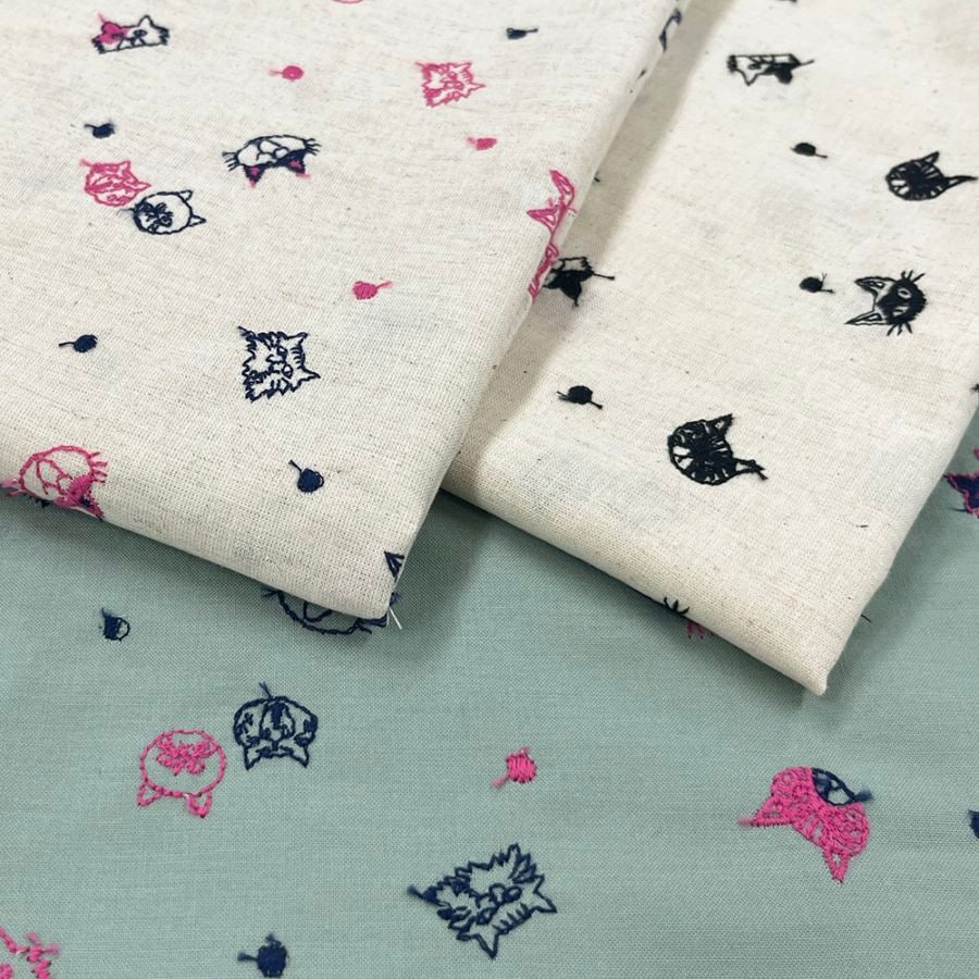 【Riconic】 ねこ玉 刺しゅう ｜綿麻シーチング　コットンシーチング　刺繍