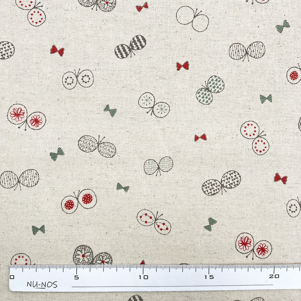 【sale】コットンリネンキャンバス｜ちょうちょとリボン プリント｜綿麻 ちょうちょ（ナチュラル)