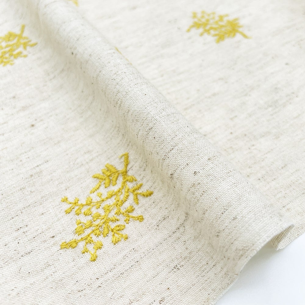 ミモザ 刺しゅう コットンリネンシーチング生地 (ナチュラル×イエロー