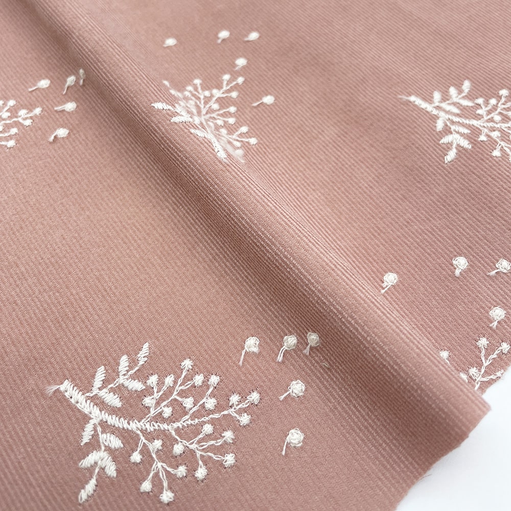 コーデュロイ｜mimosa刺しゅう ニュアンスカラー シャツコール (スモークピンク×ホワイト刺繍)