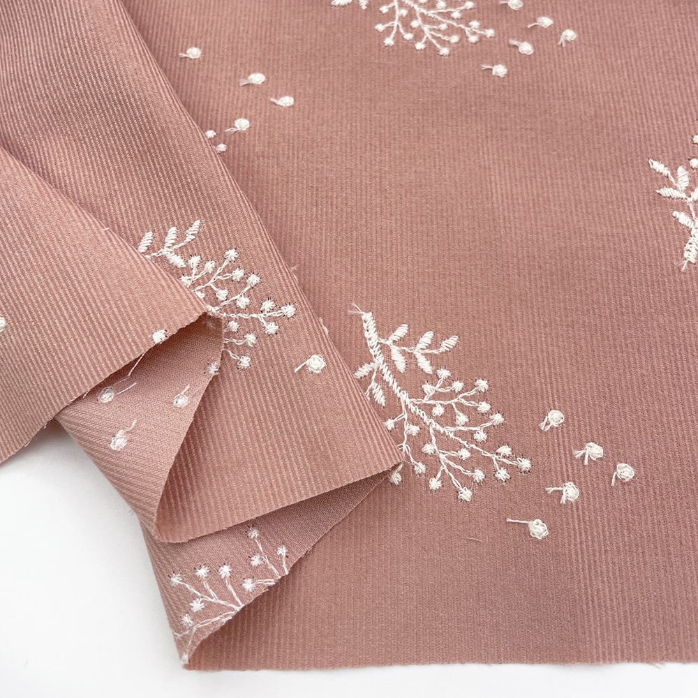 コーデュロイ｜mimosa刺しゅう ニュアンスカラー シャツコール (スモークピンク×ホワイト刺繍)