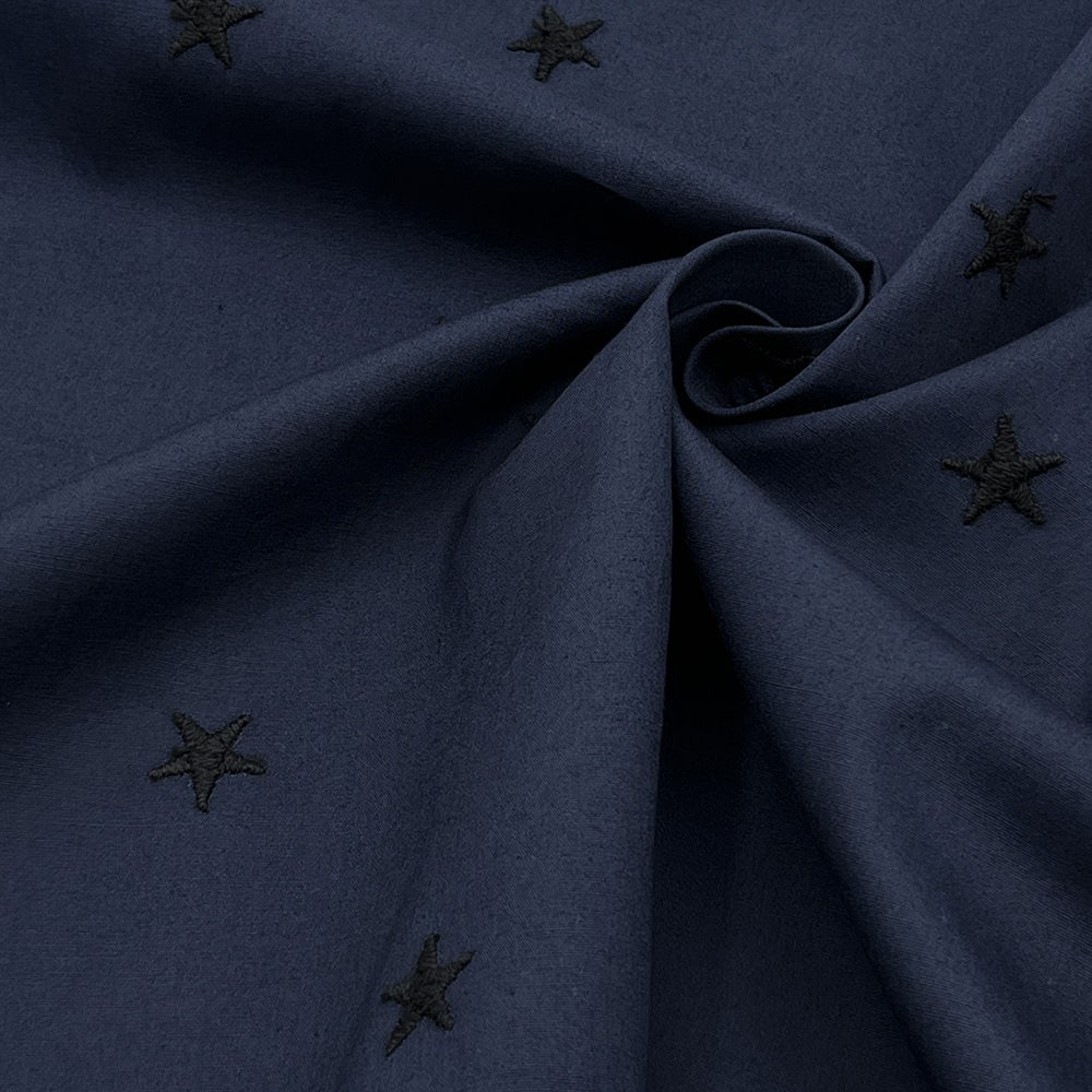 mokomokoSTAR 刺しゅう コットンブロード生地｜スター 星 刺繍 （ネイビー×ブラック刺繍）