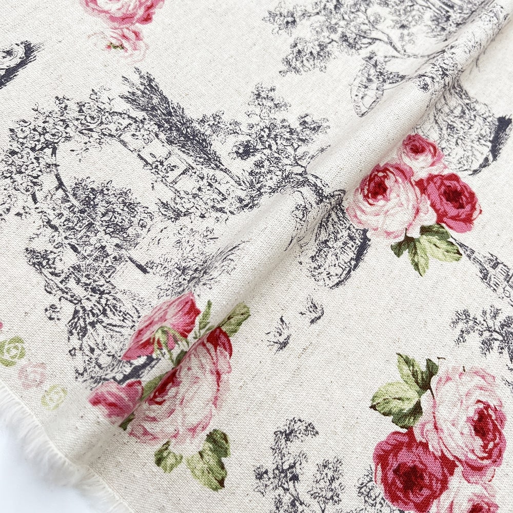 【sale】コットンリネンキャンバス|トワルローズ プリント|綿麻 花柄 (ナチュラル)