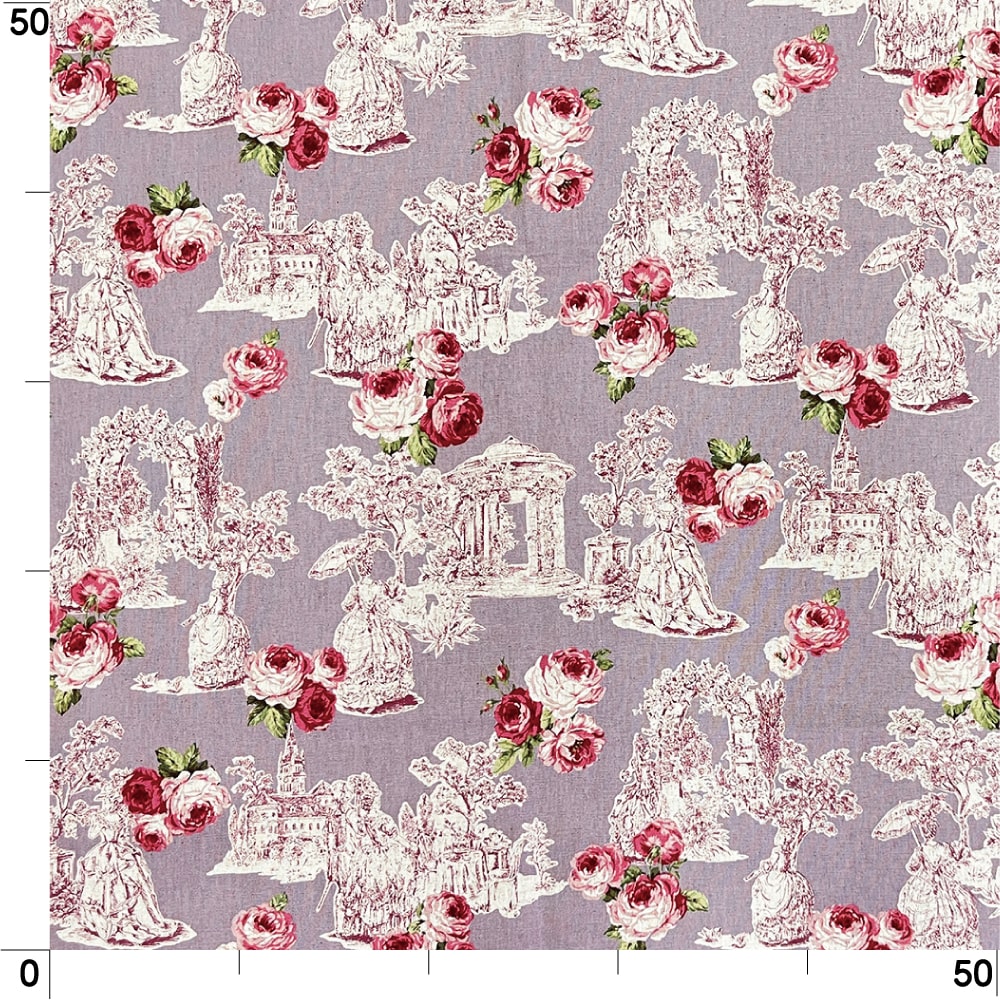 【sale】コットンリネンキャンバス｜トワルローズ プリント｜綿麻 花柄　（ラベンダー)
