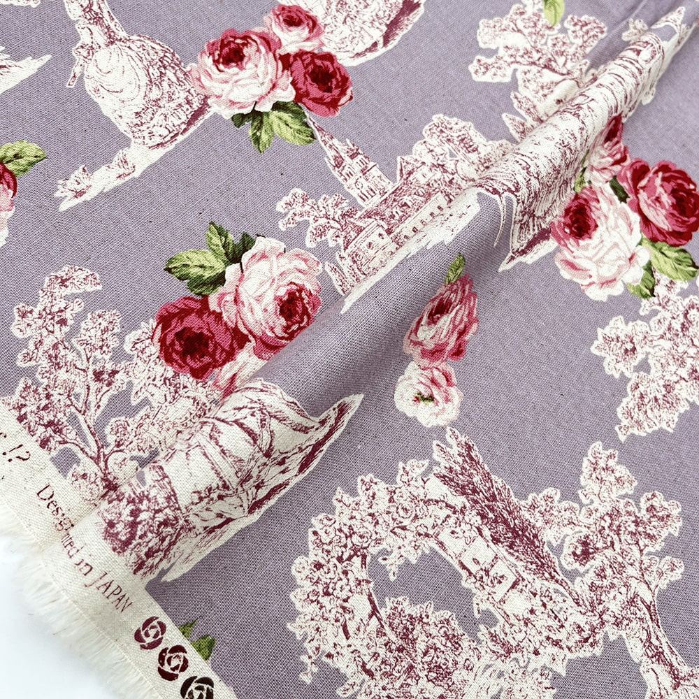 【sale】コットンリネンキャンバス｜トワルローズ プリント｜綿麻 花柄　（ラベンダー)
