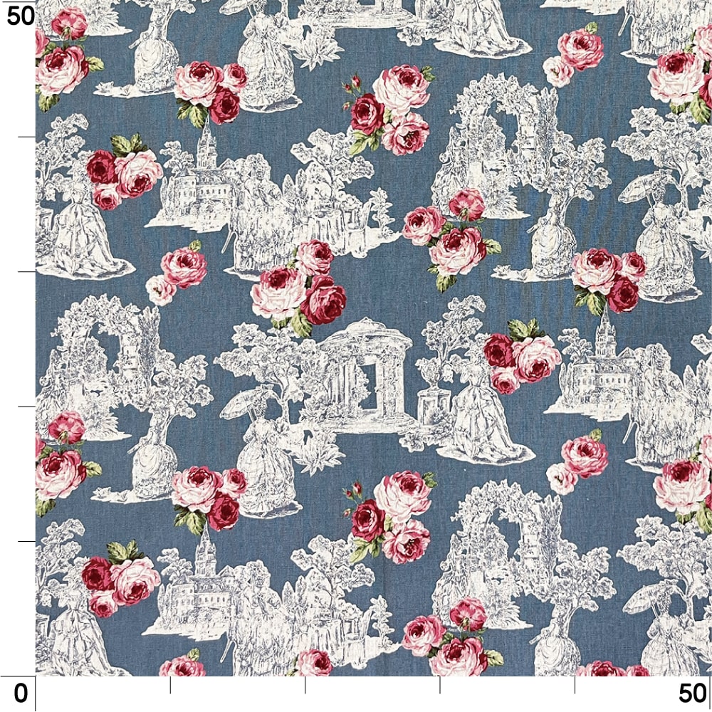【sale】コットンリネンキャンバス｜トワルローズ プリント｜綿麻 花柄　（シャドーブルー)
