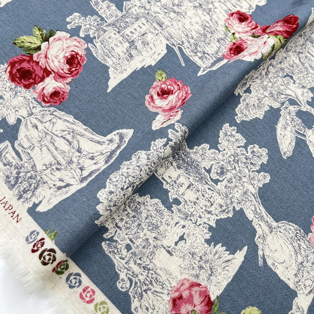 【sale】コットンリネンキャンバス｜トワルローズ プリント｜綿麻 花柄　（シャドーブルー)