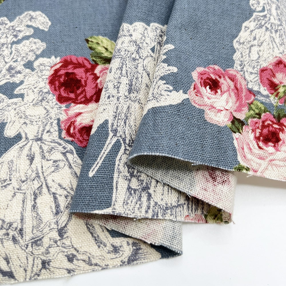 【sale】コットンリネンキャンバス｜トワルローズ プリント｜綿麻 花柄　（シャドーブルー)