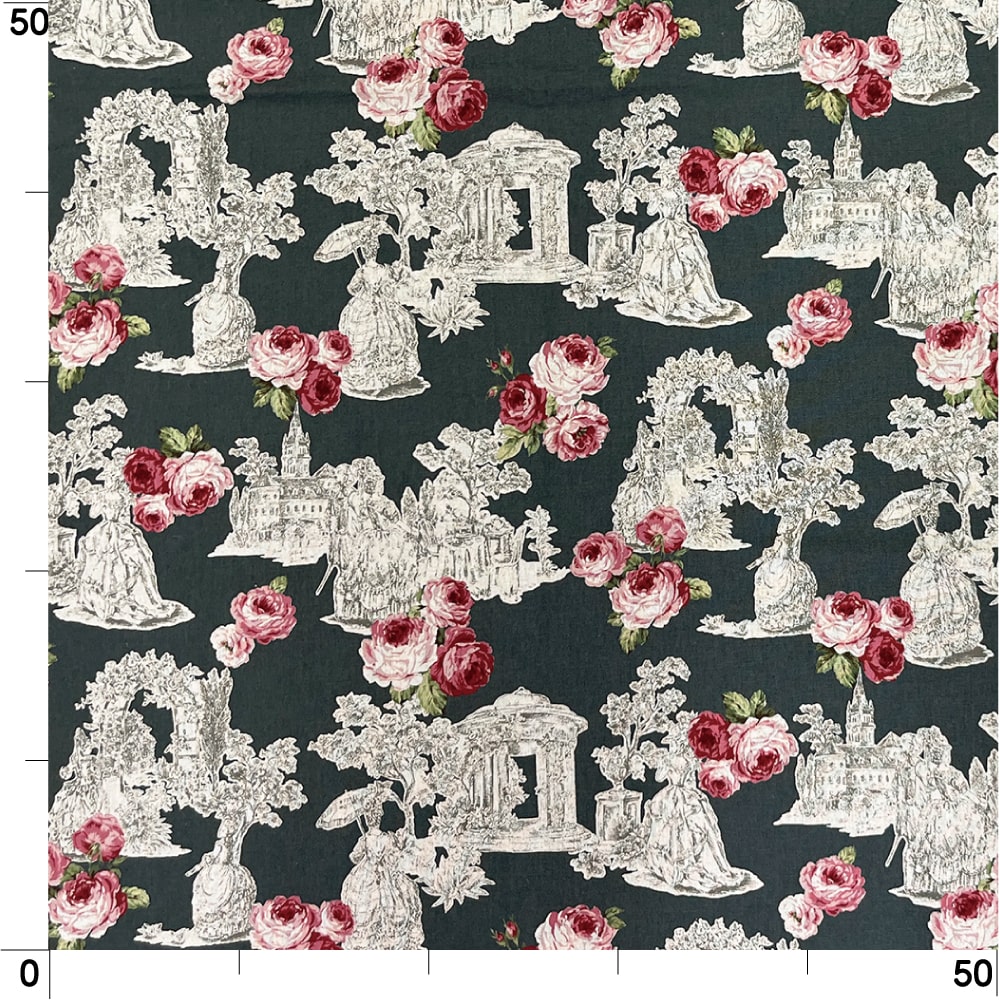 【sale】コットンリネンキャンバス｜トワルローズ プリント｜綿麻 花柄　（グーズグレイ)