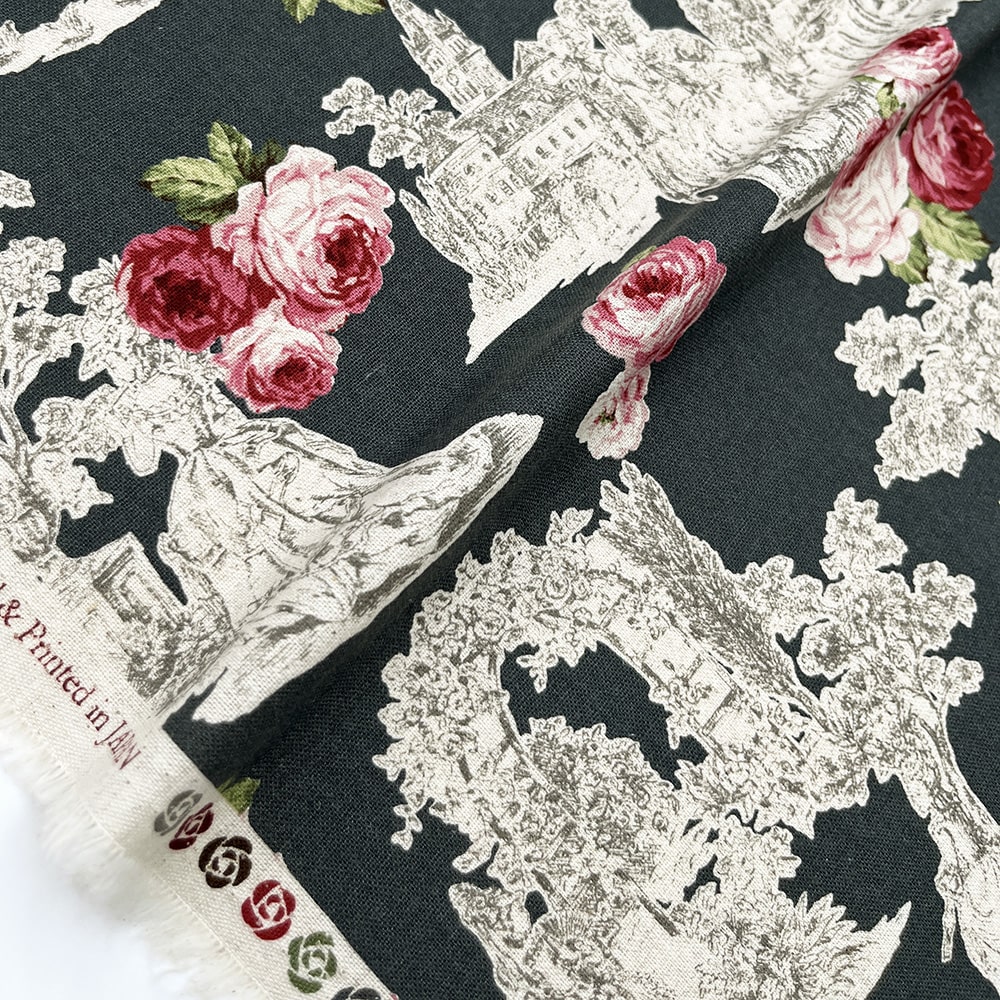 【sale】コットンリネンキャンバス｜トワルローズ プリント｜綿麻 花柄　（グーズグレイ)