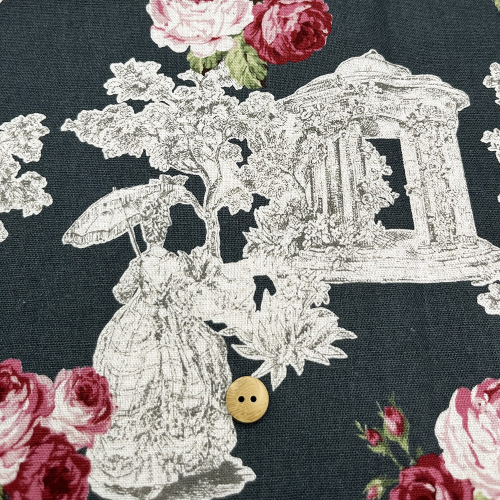 【sale】コットンリネンキャンバス｜トワルローズ プリント｜綿麻 花柄　（グーズグレイ)