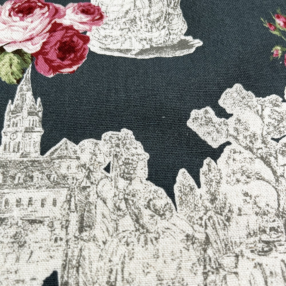 【sale】コットンリネンキャンバス｜トワルローズ プリント｜綿麻 花柄　（グーズグレイ)
