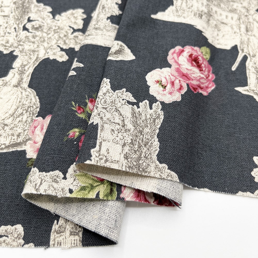 【sale】コットンリネンキャンバス｜トワルローズ プリント｜綿麻 花柄　（グーズグレイ)