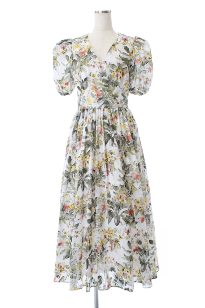 パフスリーブVネックフラワーワンピース | DRESS | OBLI