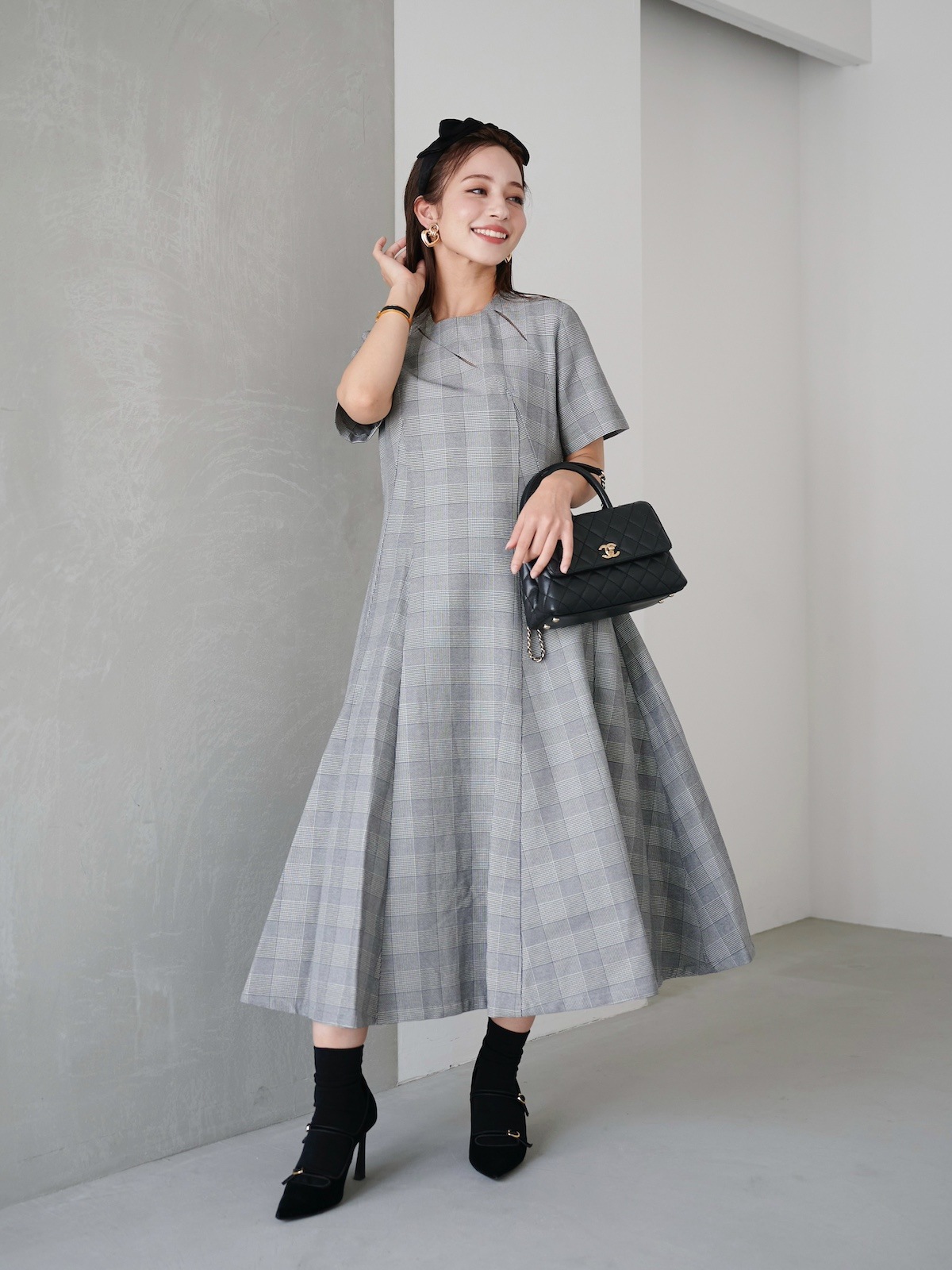グレンチェックカットアウトドレス