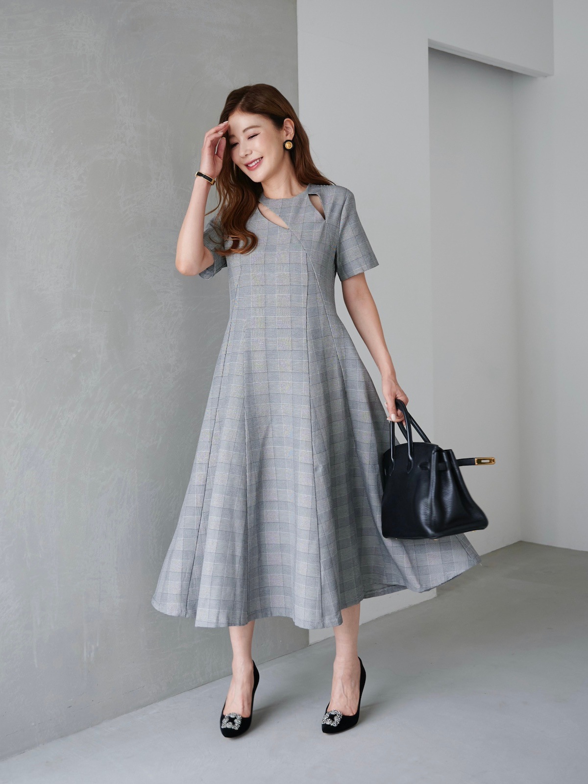 【AKRIS】コットンチェックミディレングスドレス AKRISアクリス】2022-2023コットンチェックミディレングスドレス