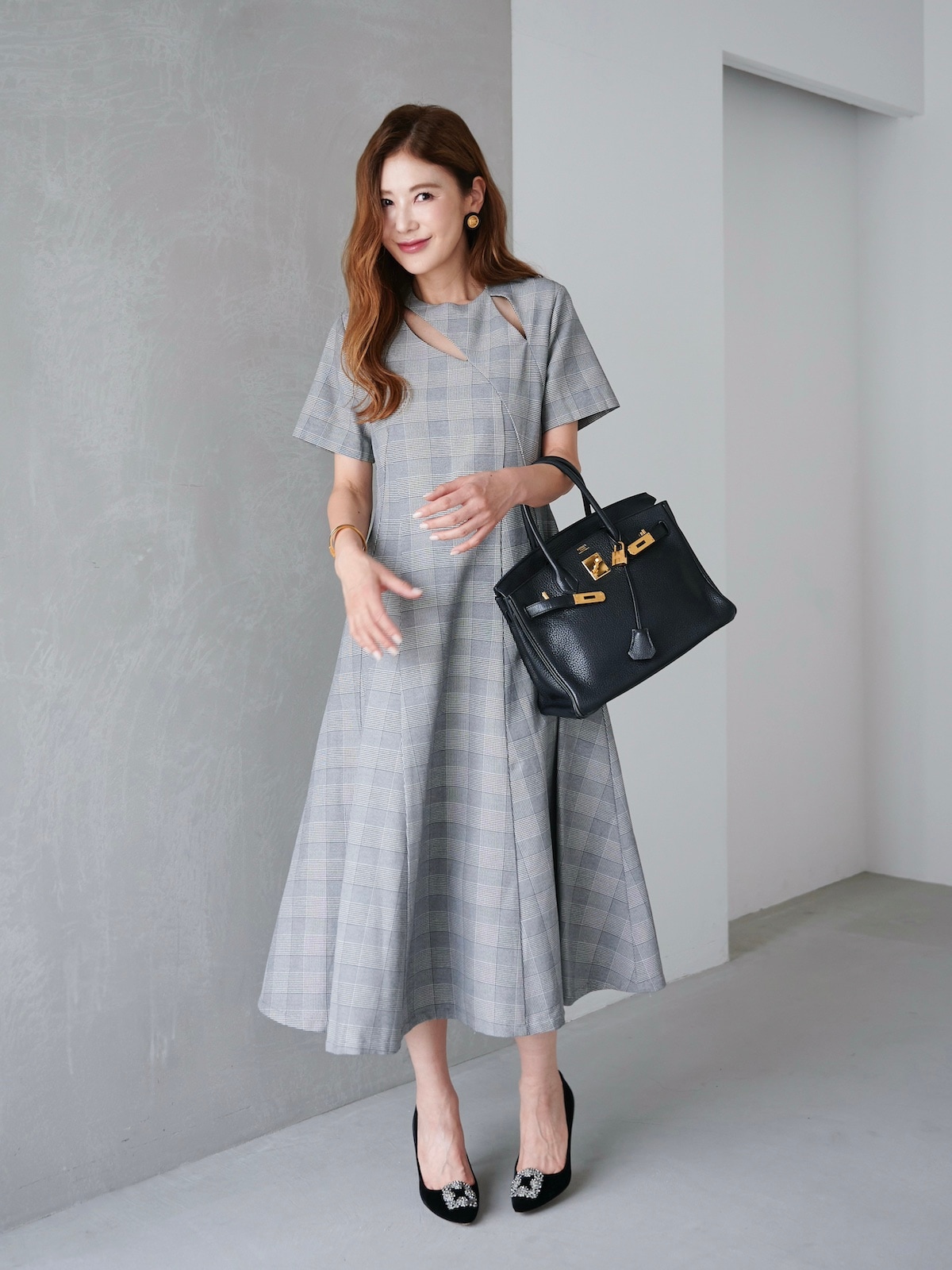 グレンチェックカットアウトドレス