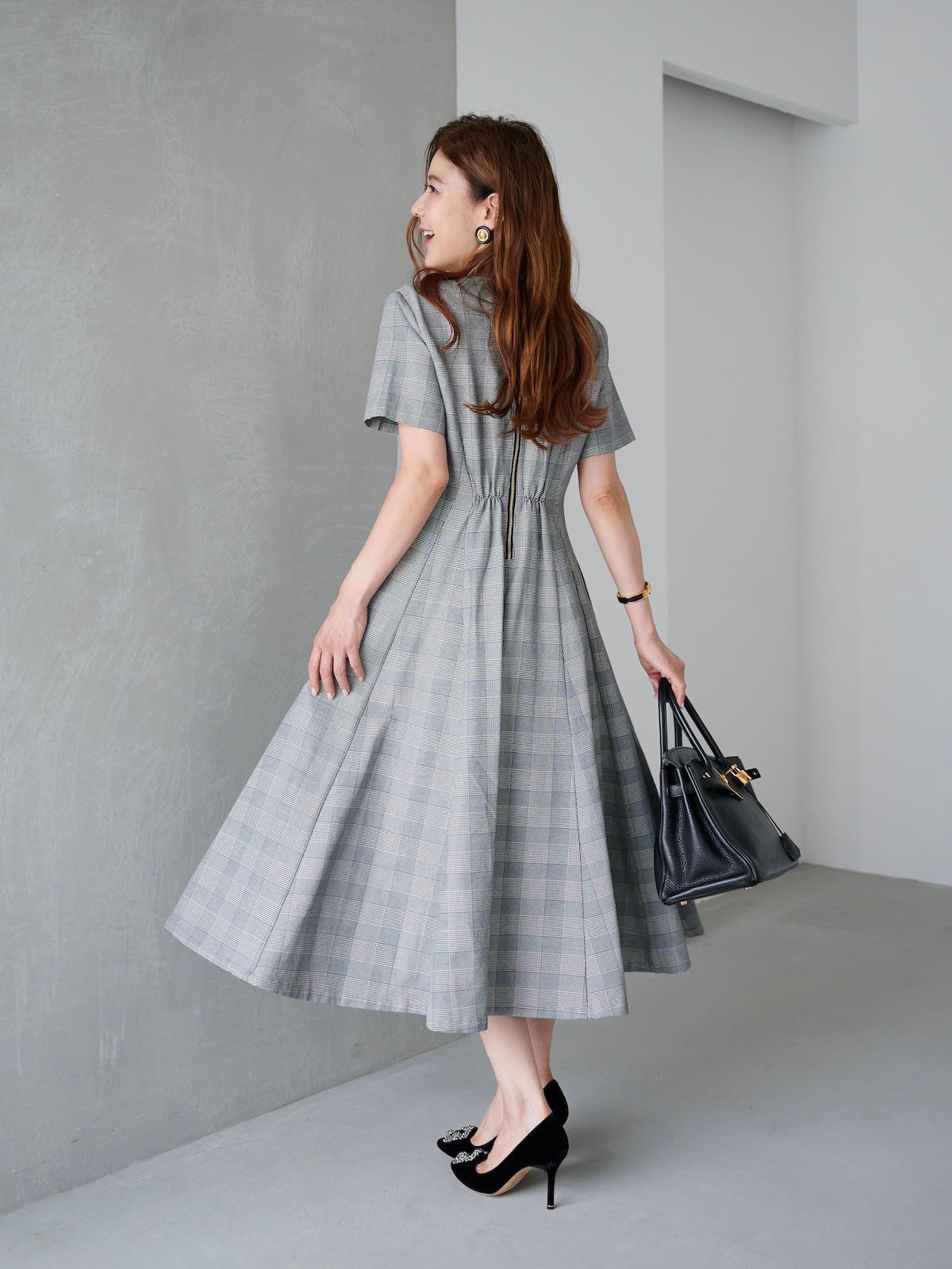 グレンチェックカットアウトドレス