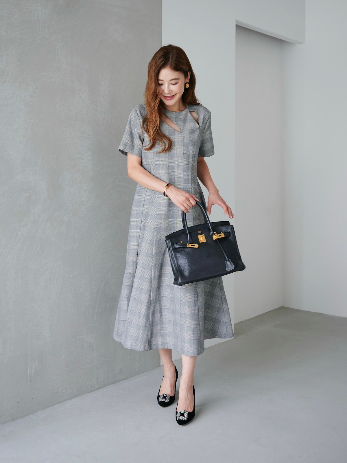 グレンチェックカットアウトドレス