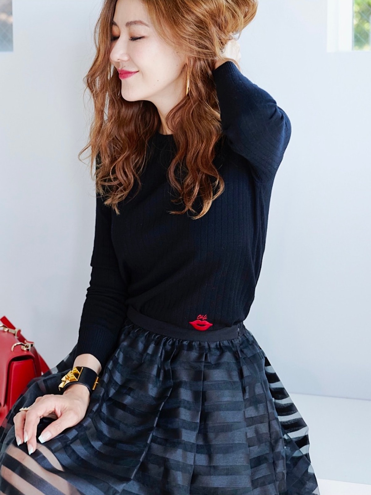 新品未使用 オブリ リップ刺繍リブニット ブラック 週末価格 オブリ リップ刺繍リブニット ブラック 定価30,250 完売