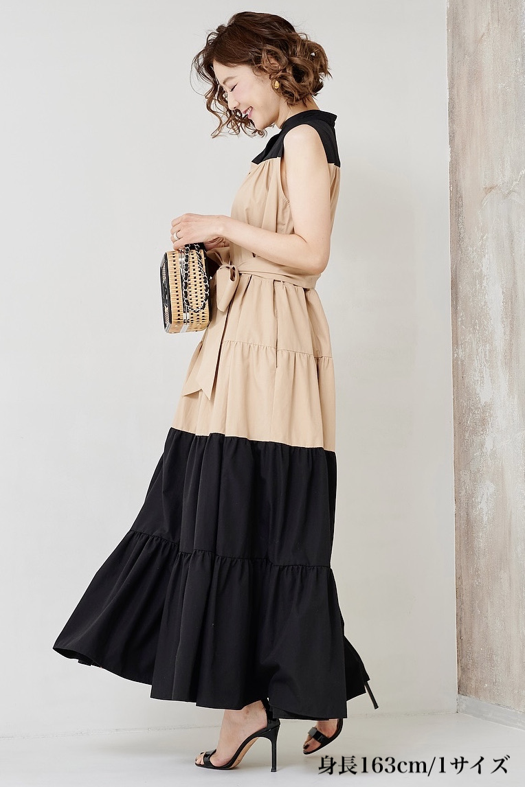 完売☆人気OBLI オブリ　バイカラー ティアードワンピース　1 SAMPLE SALE】バイカラーティアードワンピース(1サイズのみ) | SAMPLE