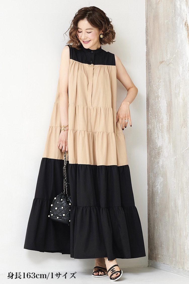 完売☆人気OBLI オブリ　バイカラー ティアードワンピース　1 SAMPLE SALE】バイカラーティアードワンピース(1サイズのみ) | SAMPLE