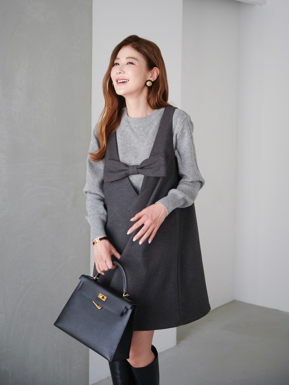 グレーリボンジャンパーワンピース