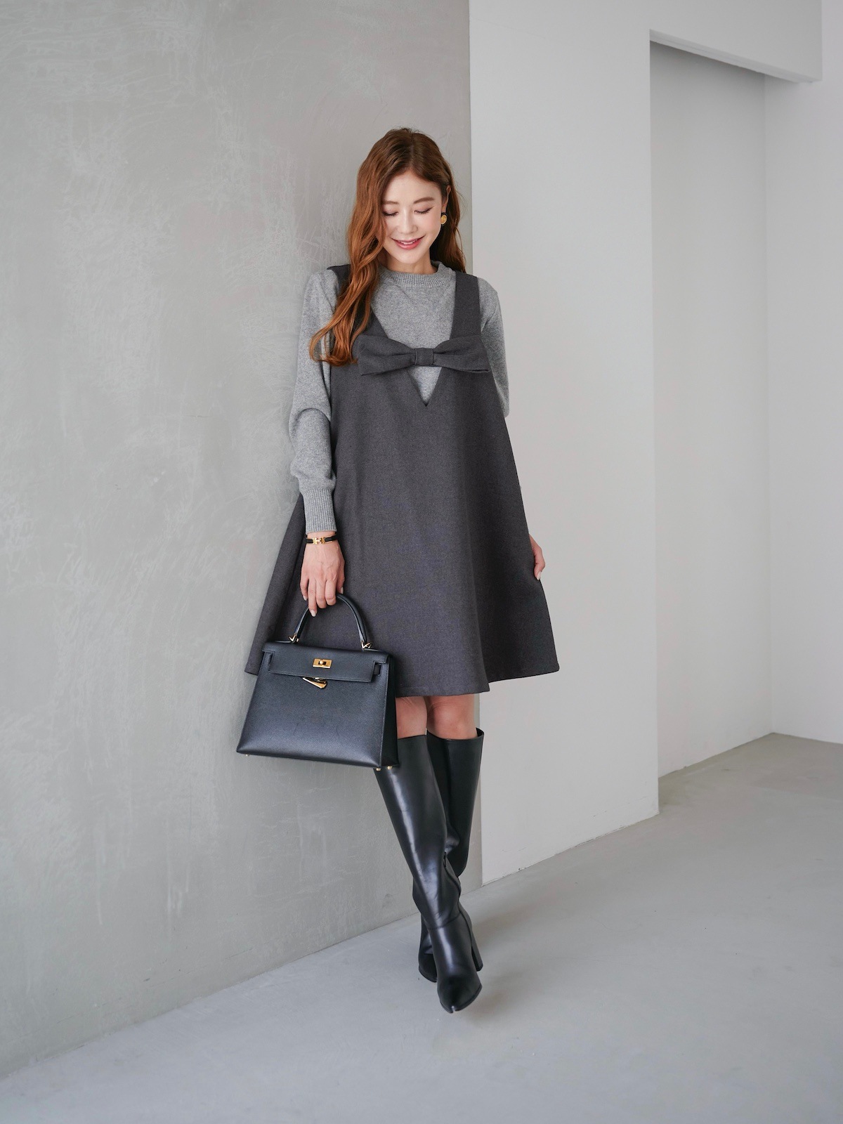 グレーリボンジャンパーワンピース